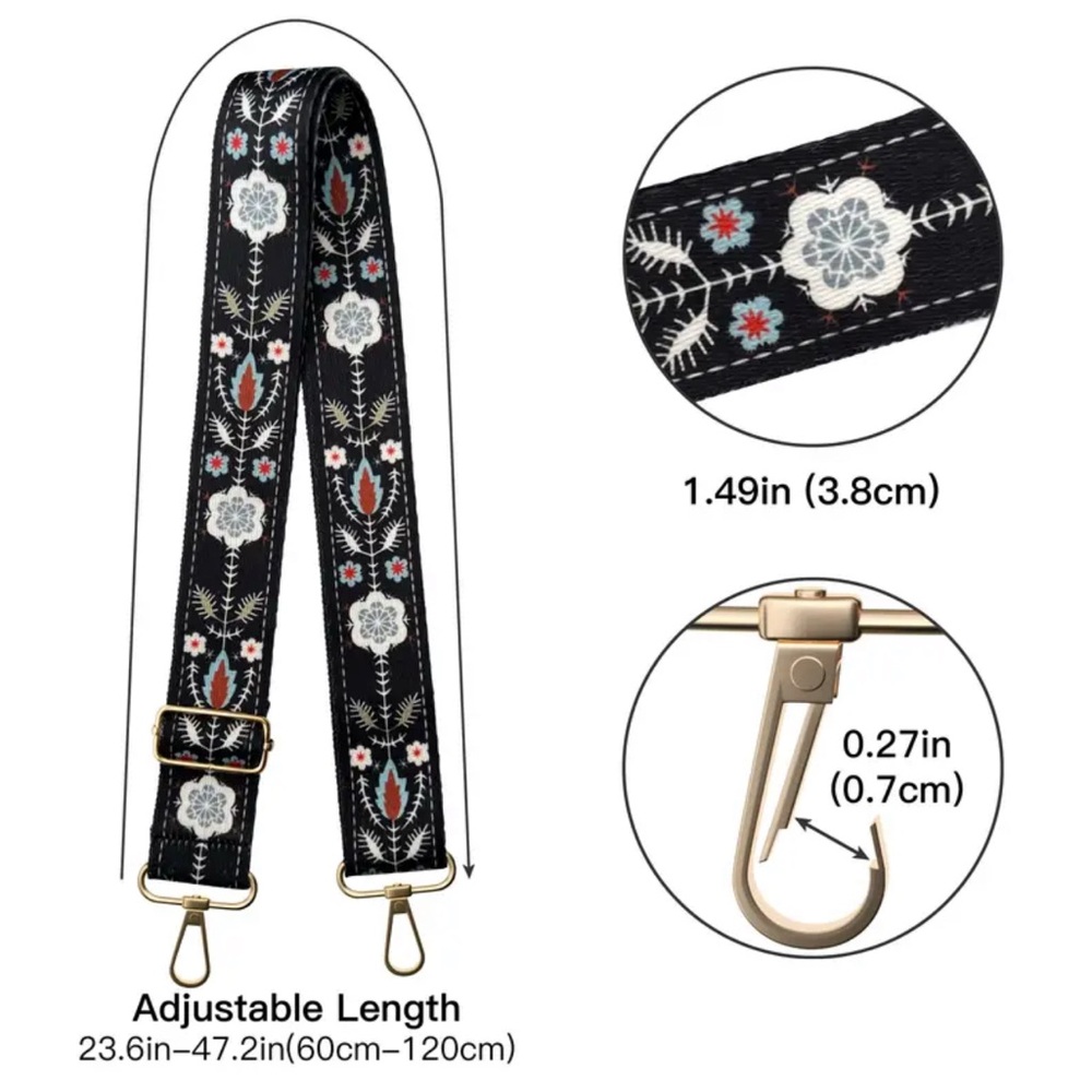 Boho Floral Embroidered Adjustable Bag Strap Black Gold Hardware - Picture 3 of 5
